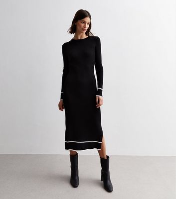 Black Ribbed Knit Contrast Trim Midi Dress New Look