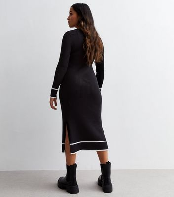 Petite Black Ribbed Contrast Trim Split Hem Midi Dress New Look