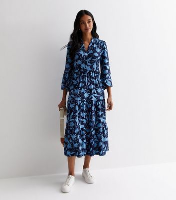 Blue Floral Tiered Midi Dress New Look