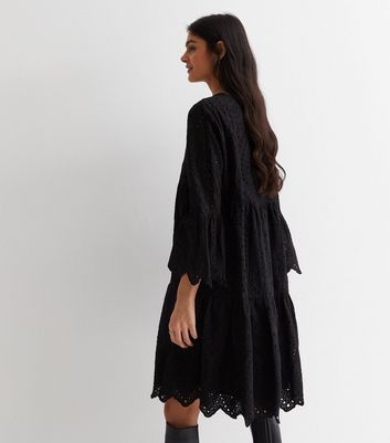 Black Broderie Tiered Smock Mini Dress New Look