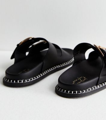 Black Leather-Look Buckle Chunky Sliders New Look