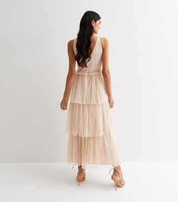 Pale Pink Beaded Tiered Midi Dress New Look