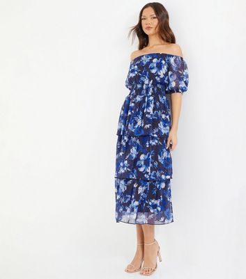 Blue Floral Bardot Tiered Midi Dress New Look