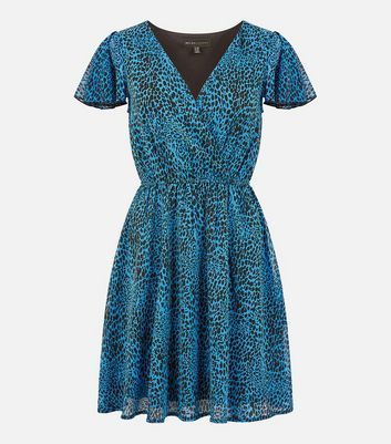 Blue Leopard Print Wrap Mini Dress New Look