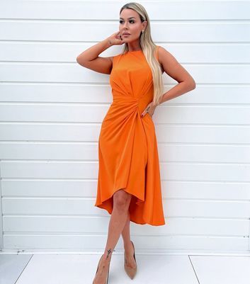 Orange Gathered Midi Dress New Look