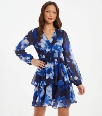 Blue Floral Chiffon Wrap Mini Dress New Look