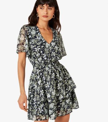 Navy Floral Shirred Tiered Mini Dress New Look