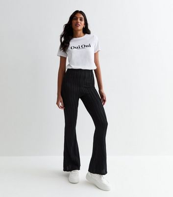 Black Ripple Flared Trousers New Look