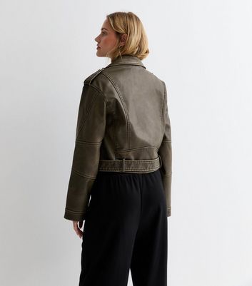 Olive Leather-Look Belted Biker Jacket New Look