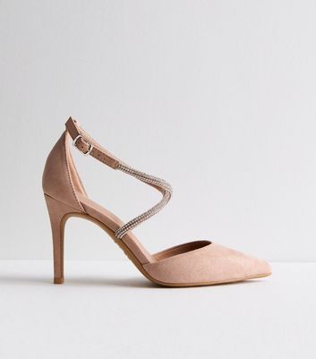 Pale Pink Suedette Diamanté Stiletto Heel Court Shoes New Look