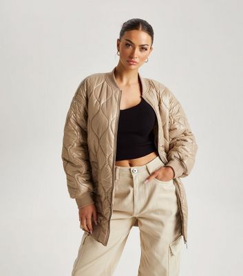 Camel Quilted Long Bomber Jacket New Look