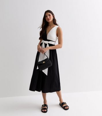 Black Contrast Tie Front Midi Dress New Look