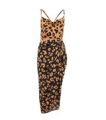 Brown Leopard Print Satin Ruched Midi Dress New Look