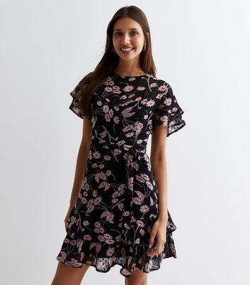 Black Floral Frill Sleeve Mini Dress New Look