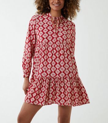 Red Geometric Print Tiered Hem Mini Dress New Look