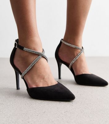 Black Suedette Diamanté Stiletto Heel Court Shoes New Look