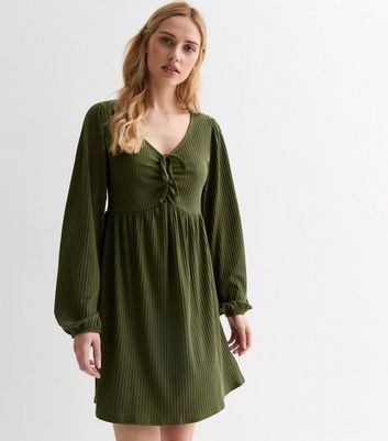 Olive Ribbed Jersey Tie Front Mini Dress New Look