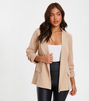 Petite Stone Scuba Crepe Ruched Sleeve Blazer New Look