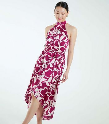 Pink Abstract Print Satin Halter Midi Dress New Look