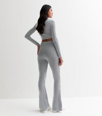 Grey Ribbed Jersey Flared Trousers New Look