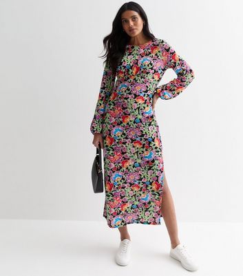 Multi Colour Floral Print Split Hem Midi Dress New Look
