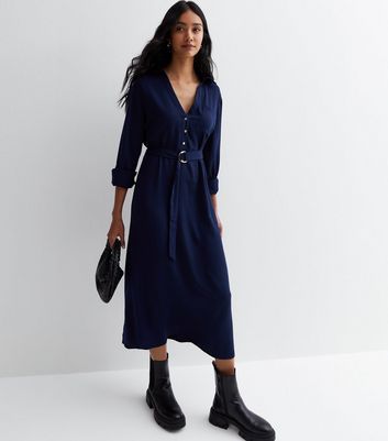 Navy Long Sleeve D Ring Midi Shirt Dress New Look