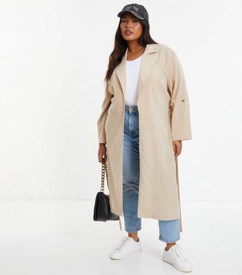 Curves Stone Belted Long Mac New Look