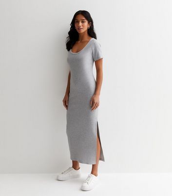 Petite Grey Ribbed Scoop Neck Midi Dress New Look