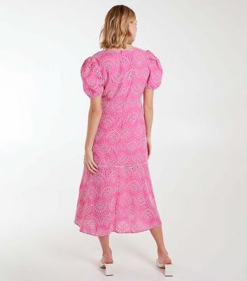 Pink Cotton Broderie Puff Sleeve Midi Dress New Look