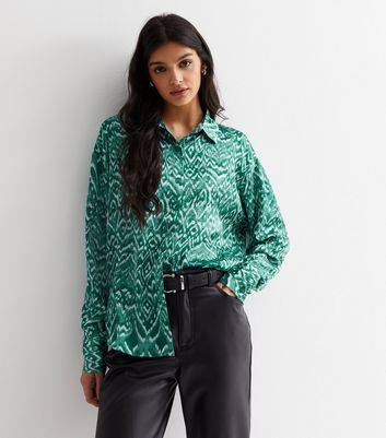 Green Abstract Print Satin Long Sleeve Shirt New Look