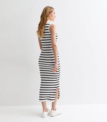 White Stripe Ribbed Knit High Neck Split Hem Midi Dress New Look