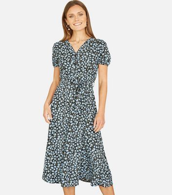 Blue Floral Belted Midi Dress New Look
