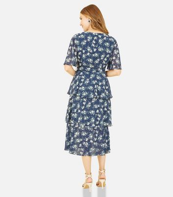 Blue Floral Flutter Sleeve Tiered Midi Dress New Look