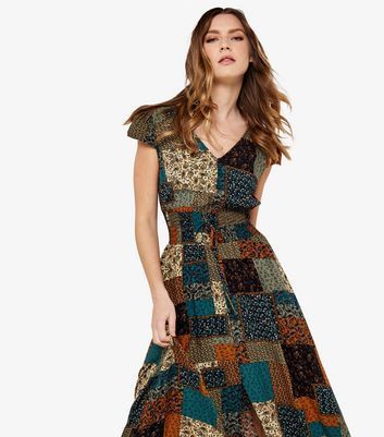 Brown Patchwork Print Shirred Waist Maxi Dress New Look