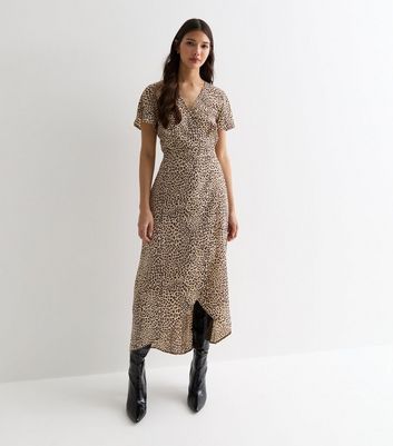 Cream Leopard Print Wrap Midi Dress New Look