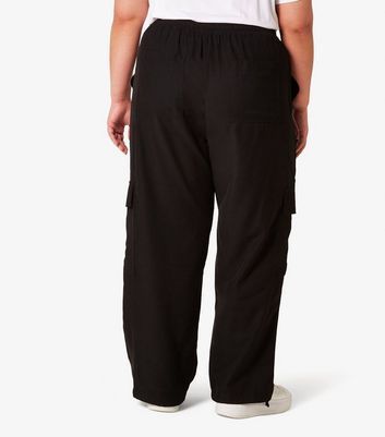 Curves Black Drawstring Wide Leg Cargo Trousers New Look