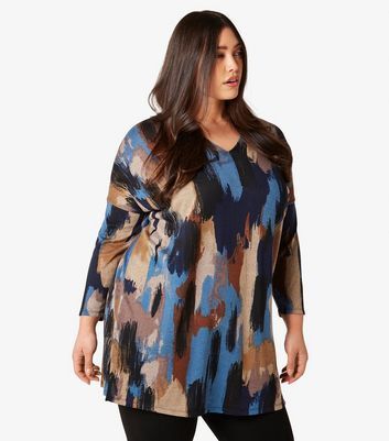 Curves Blue Abstract Print V Neck Top New Look