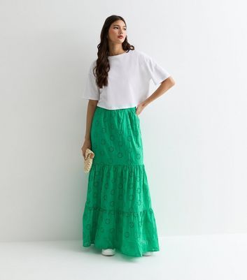 Green Tiered Lace Embroidered Maxi Skirt New Look