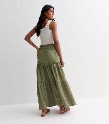 Olive Tiered Smock Maxi Skirt New Look