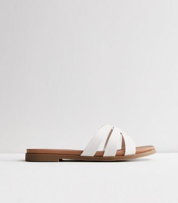 Wide Fit White Leather-Look Sliders New Look