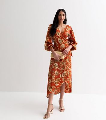 Red Floral Wrap Midi Dress New Look