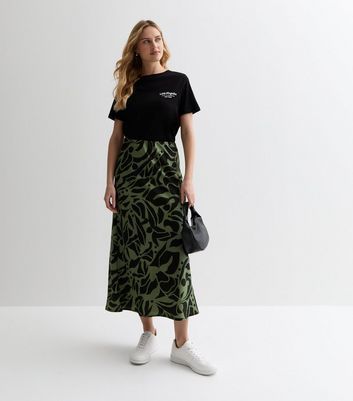 Green Pattern High Waist Midi Skirt New Look