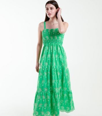 Green Broderie Cotton Shirred Tiered Midi Dress New Look