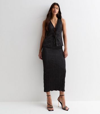 Tall Black Crinkle High Waist Midi Skirt New Look