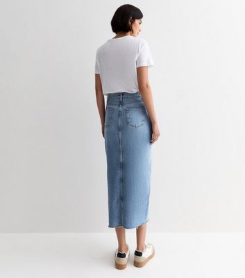 Blue Denim Raw Hem Midi Skirt New Look