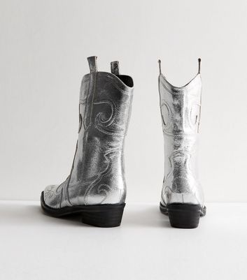 Silver Leather-Look Cowboy Boots New Look