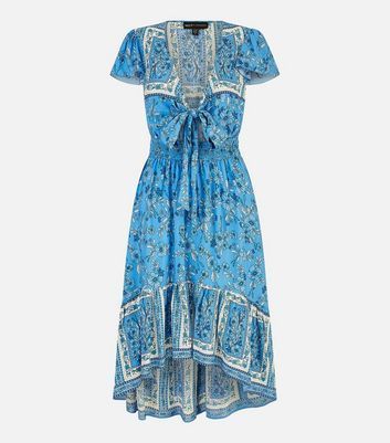 Blue Floral Print Dip Hem Midi Dress New Look