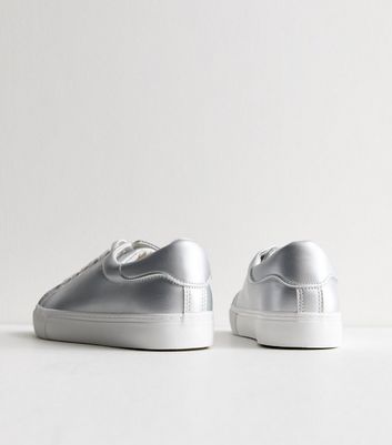 Wide Fit Silver Leather-Look Lace Up Trainers New Look