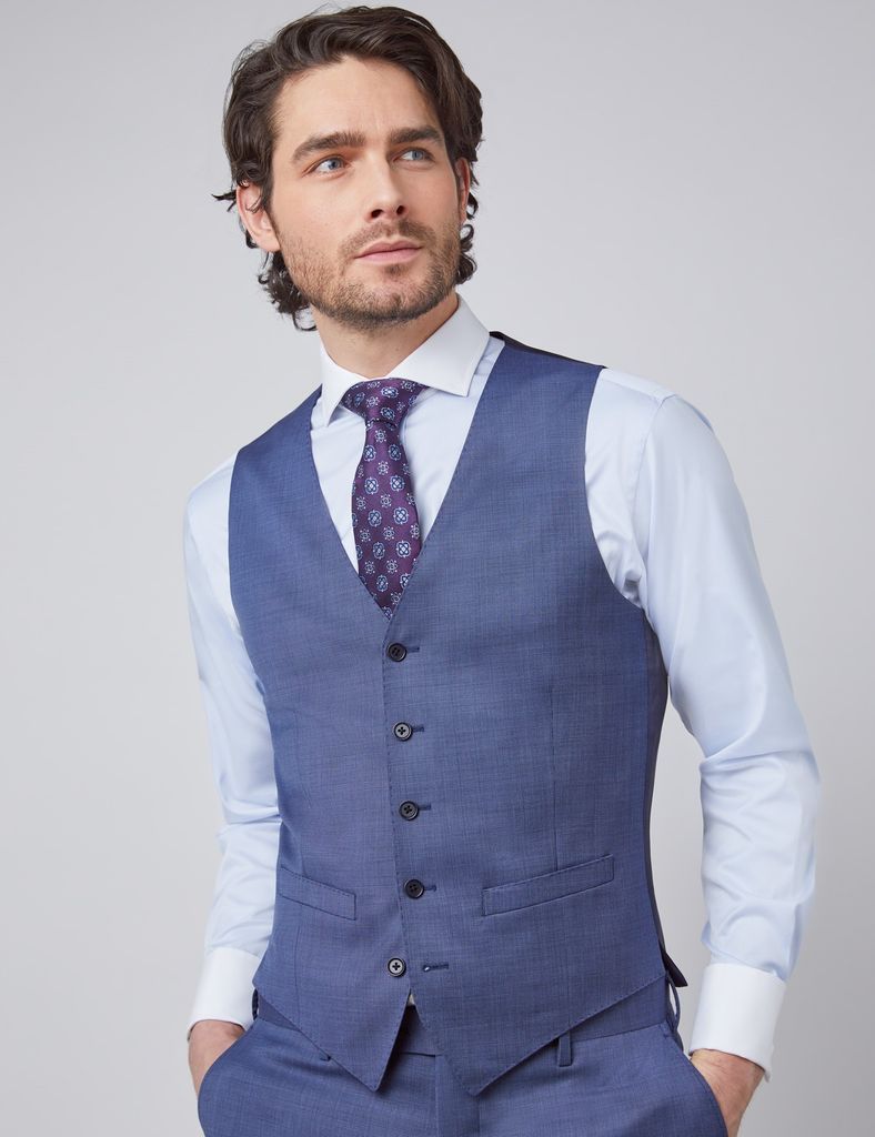 Men's Blue Pin Dot Semi Plain Slim Fit Waistcoat