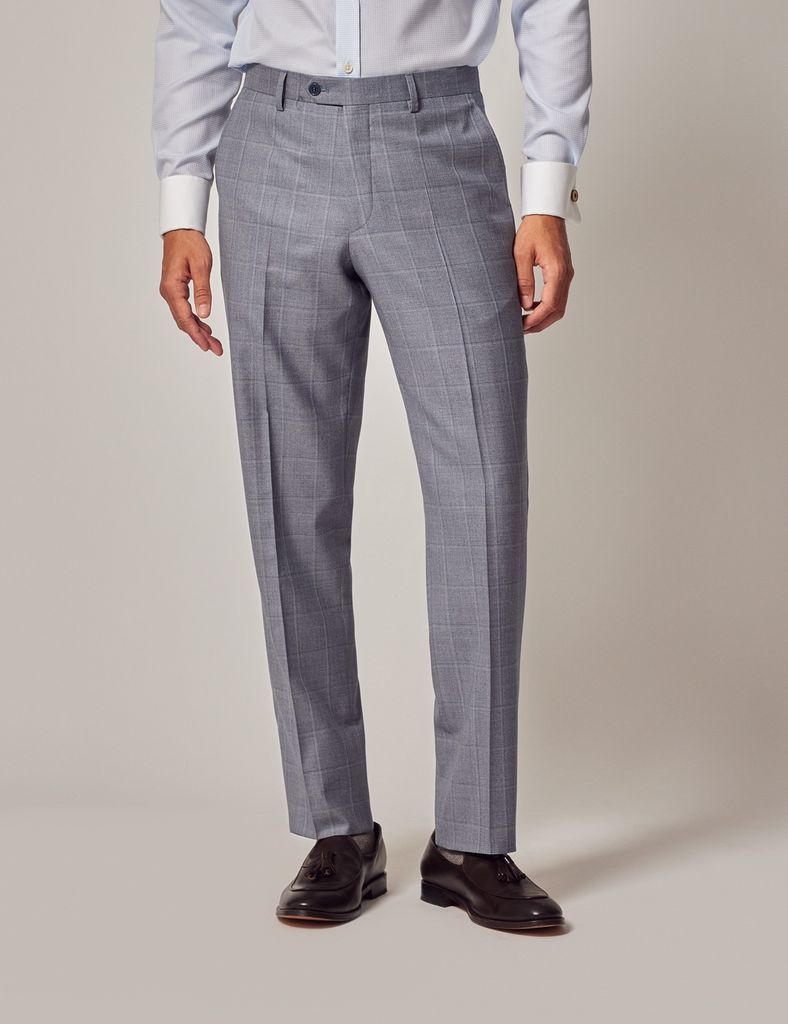 Light Blue Tonal Windowpane Check Tailored Fit Suit Trousers - 1913 Collection